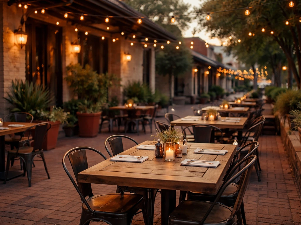 Warm evening patio dining area in Grapevine, TX with string lights and rustic tables, no people