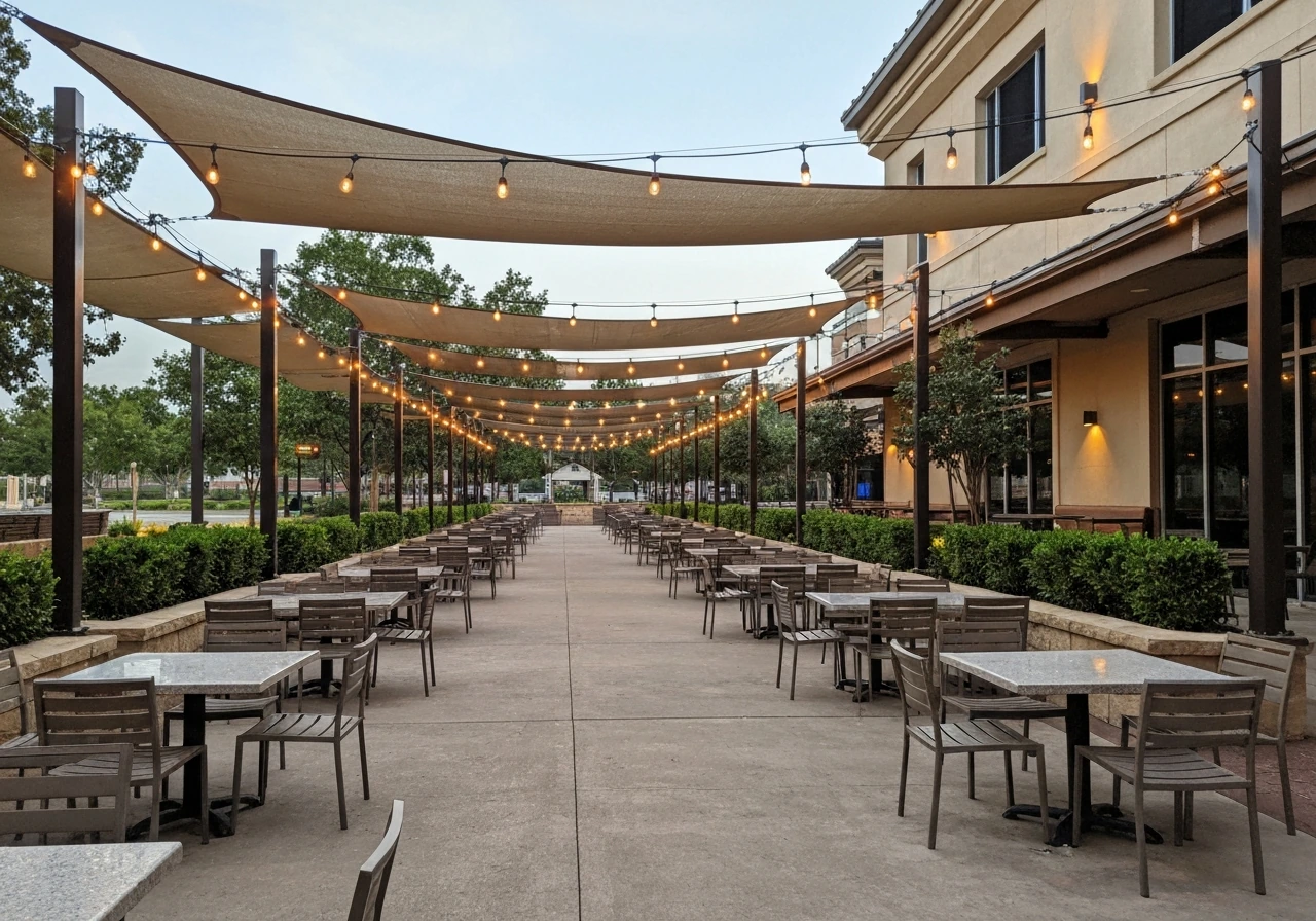 Sprawling outdoor dining patio at Flips Patio Grill in Grapevine with warm evening ambiance