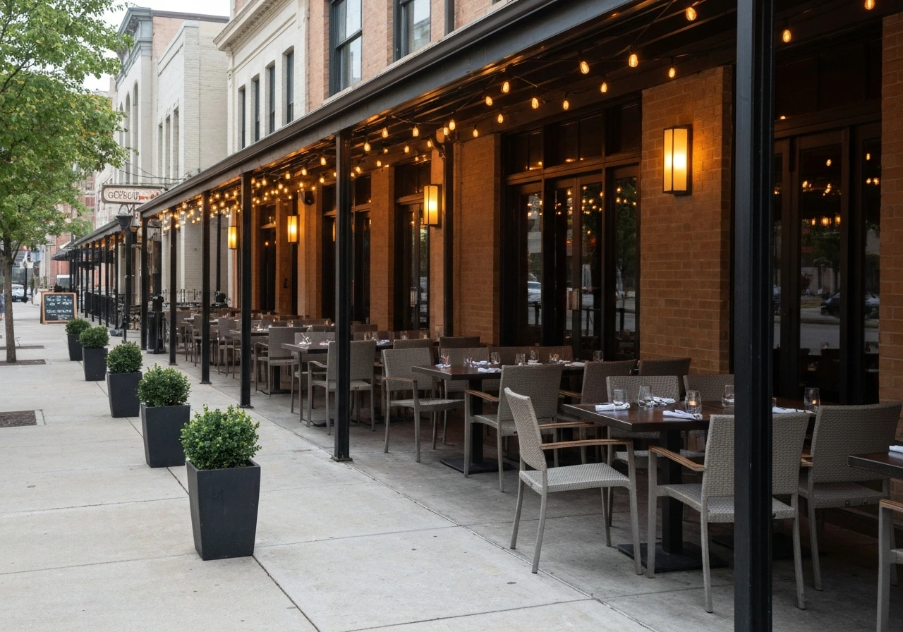 Covered downtown patio with neatly set tables and warm lights on historic Main Street.
