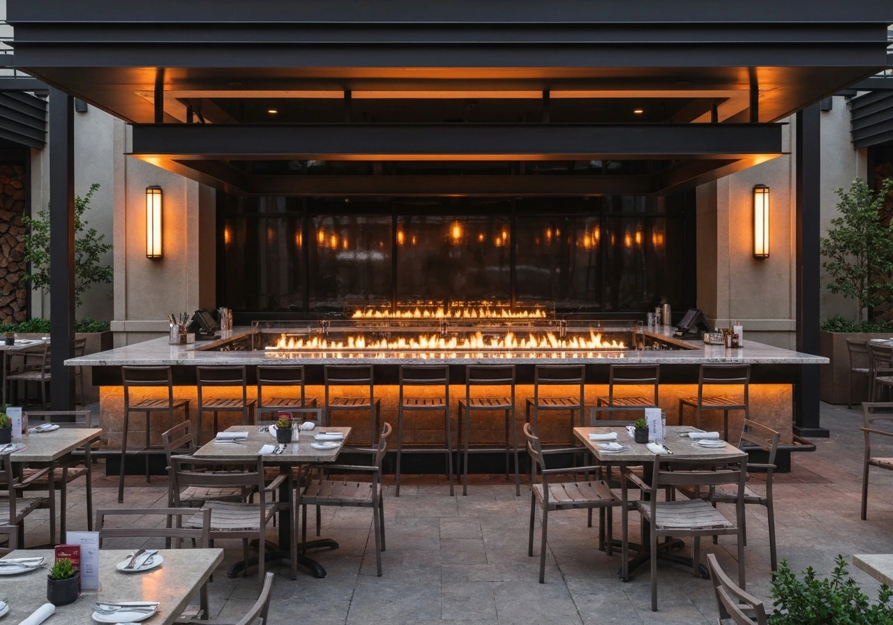 Upscale Firebirds patio at night, centered on a warm outdoor firebar with neatly set tables.