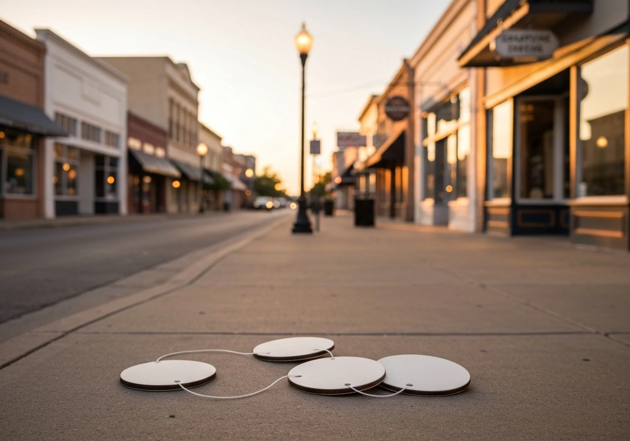 Golden hour Main Street with three connected coasters in the foreground suggesting a multi-stop patio crawl path.