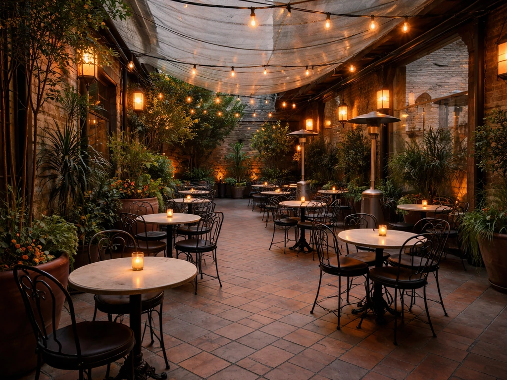 Evening view of a cozy Foreign Cinema-style Mission District courtyard patio with warm lights and covered seating