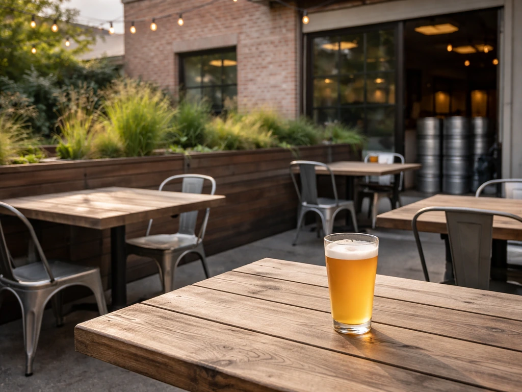 Minimal San Francisco brewery patio with empty tables, greenery, and an unbranded craft beer glass
