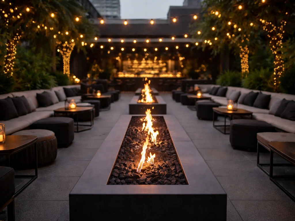 Rooftop Angel’s Share patio with warm fire pits running down the center at dusk, minimal outdoor bar setting.