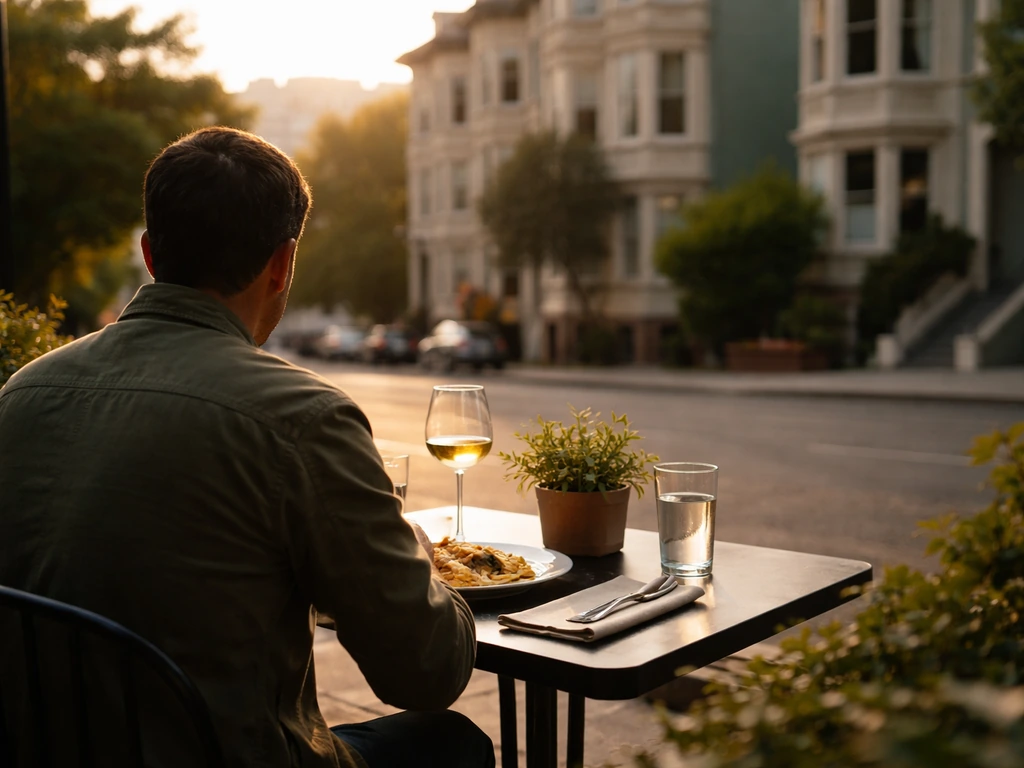 Person enjoying a calm outdoor patio in San Francisco with warm light and a simple street backdrop.