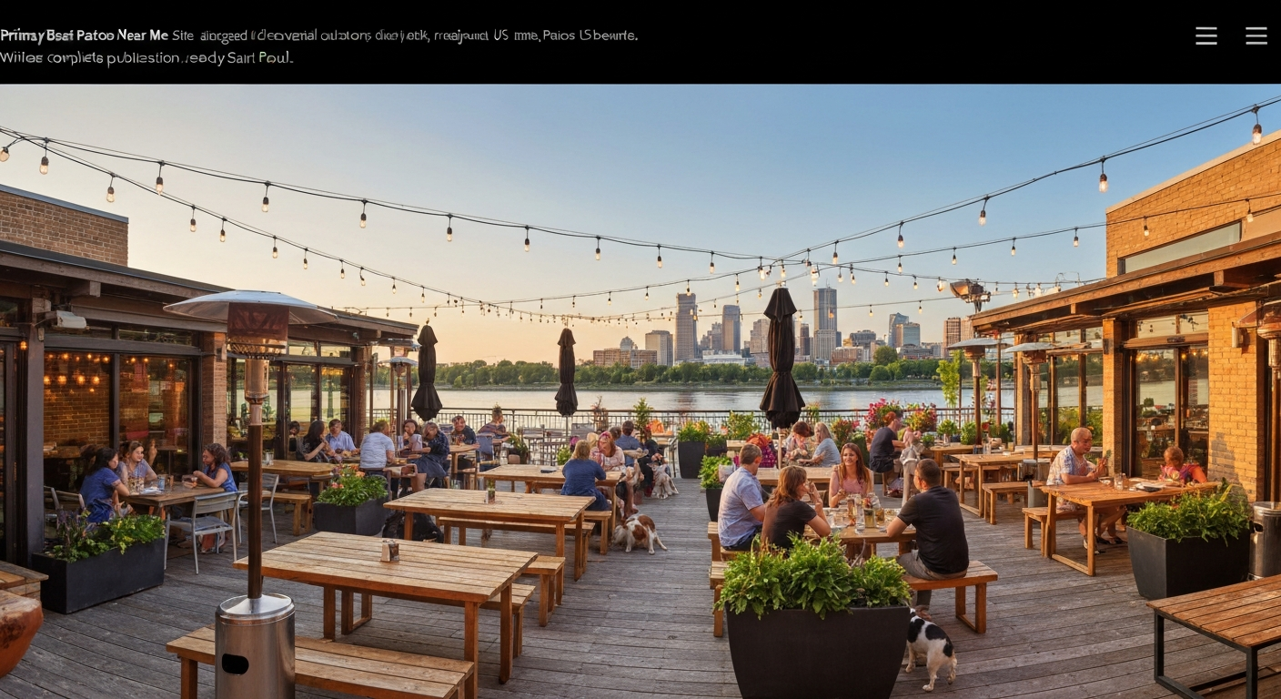 Golden-hour outdoor patio with string lights, wooden tables, plants, heaters, and diverse diners — an evocative Twin Cities summer patio scene.
