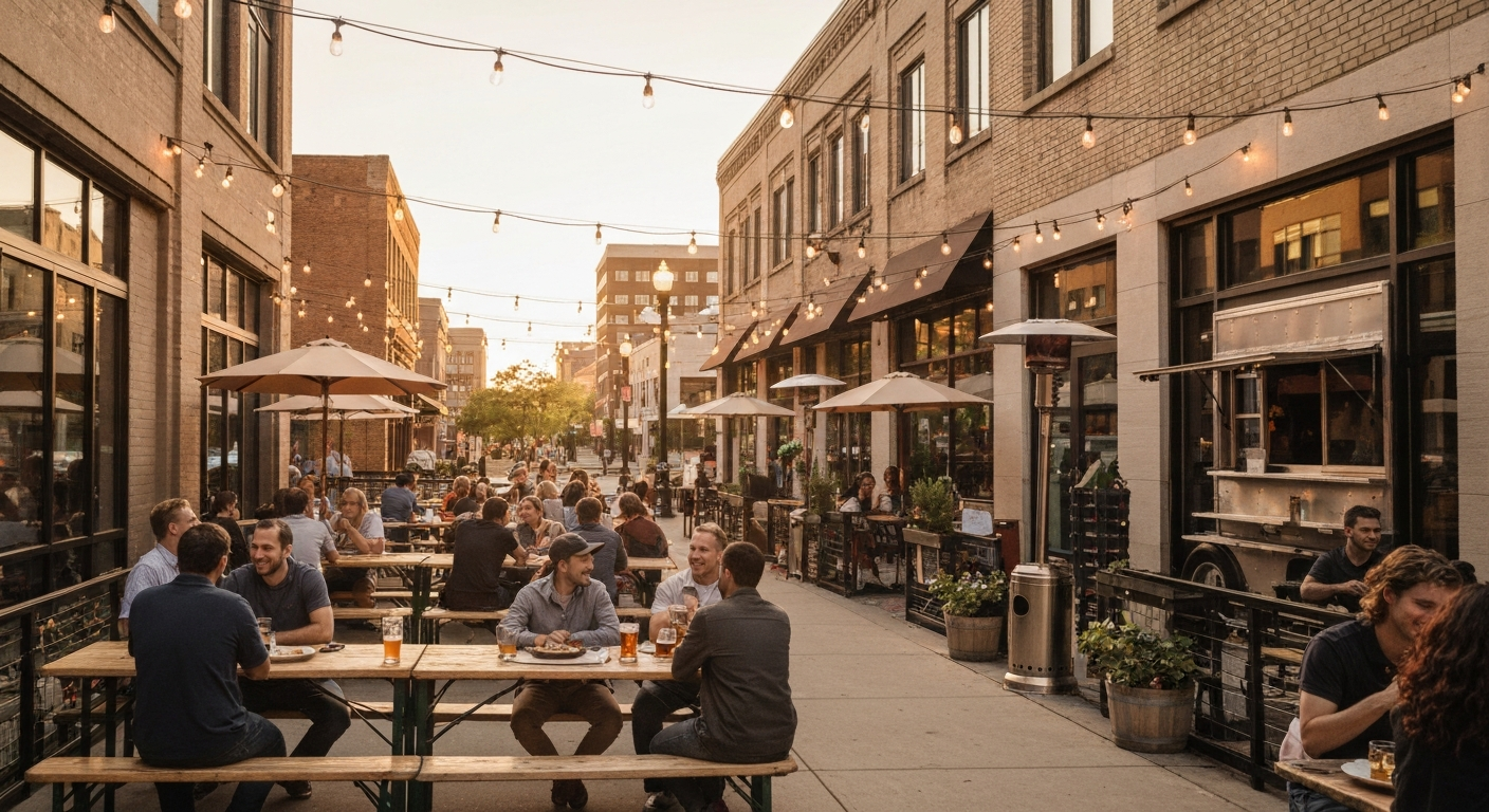 Golden-hour downtown Rochester patio scene with communal beer-garden tables, string lights, and people enjoying drinks and food outdoors.