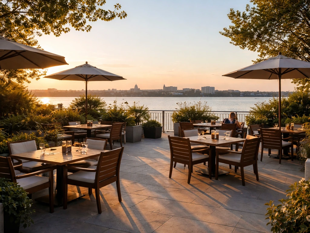 Sunlit Madison outdoor dining patio with tables, lake skyline view, and warm summer ambiance