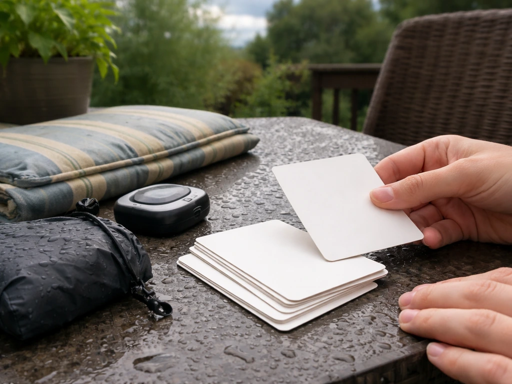 Hands place blank layer-and-weather cards on an outdoor patio table with a rain cover nearby.