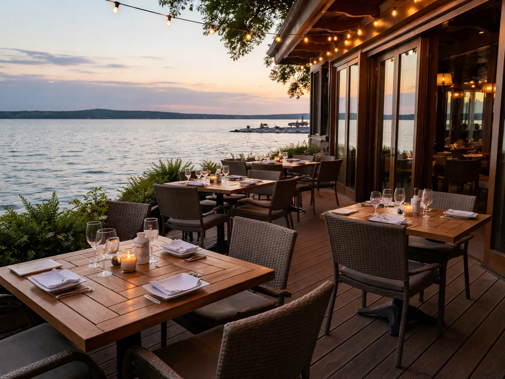 Lakefront patio dining at The Boathouse at The Edgewater with a clear view of Lake Mendota in Madison