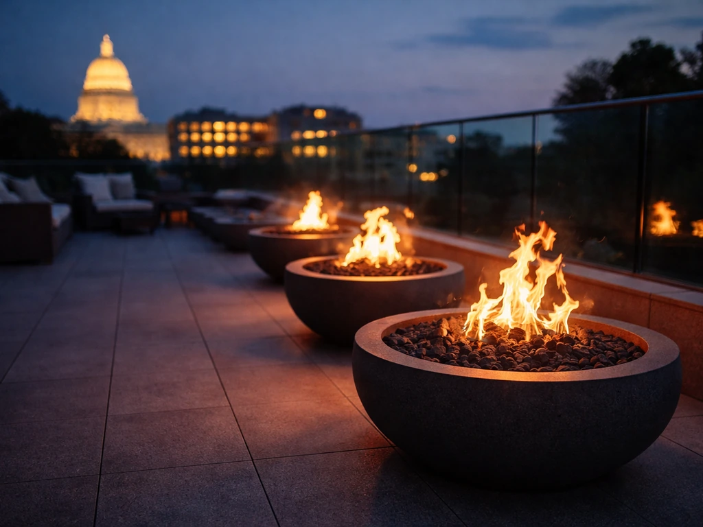 Evening rooftop patio with several gas fire bowls glowing and reflecting on the floor