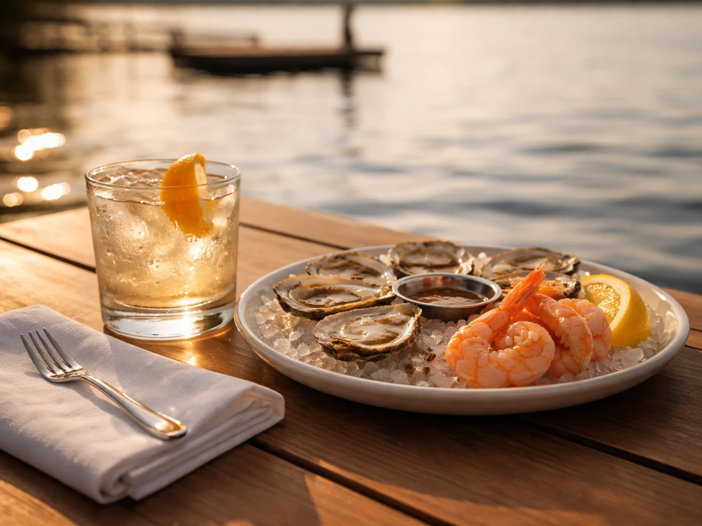 Closeup of a lakefront patio cocktail beside a seafood-forward appetizer plate on a wooden table