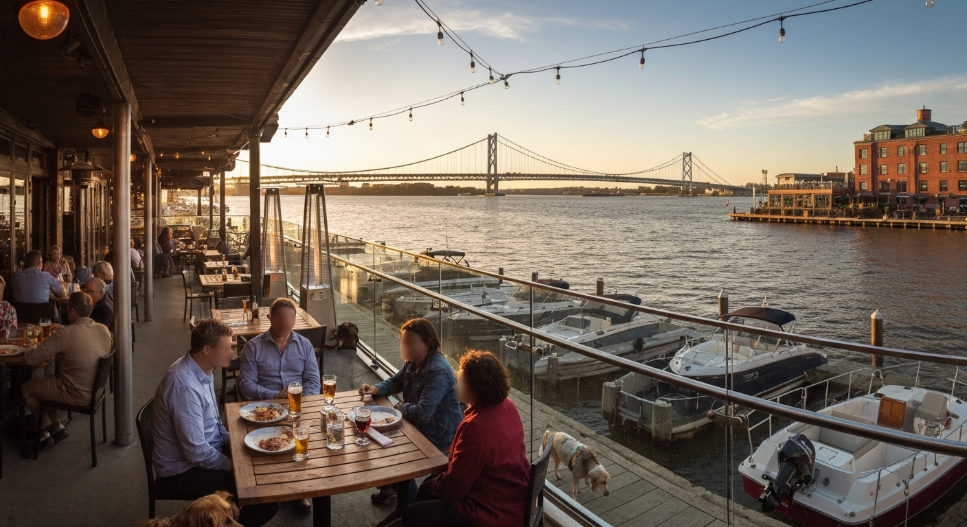 Golden-hour riverside patio with diners, a leashed dog, covered heated deck, boats on the Detroit River and the Ambassador Bridge in the distance