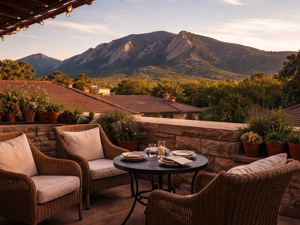 Sunlit Boulder rooftop patio with cozy seating and unobstructed Flatirons views at golden hour