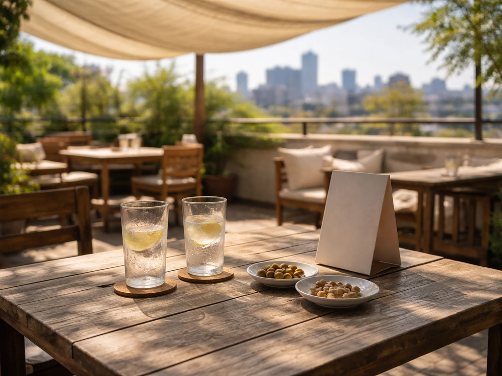 Shaded rooftop patio table with drinks and plates, warm midday light, city skyline softly blurred.