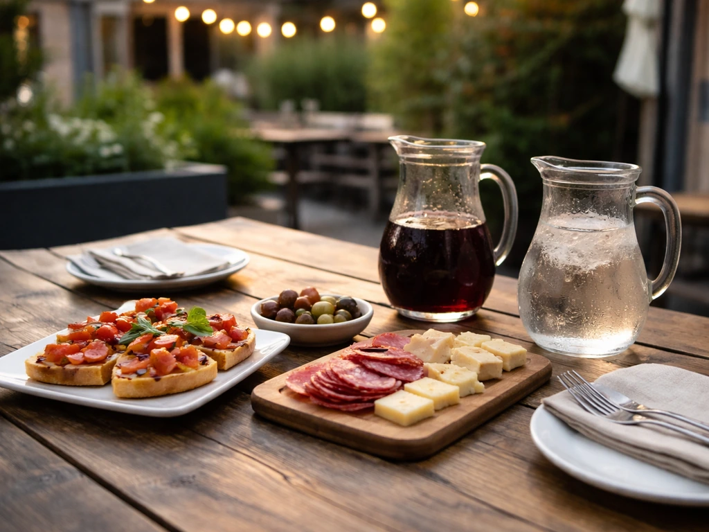 Relaxed patio table with bruschetta and charcuterie-style plates and pitchers of wine in warm light.