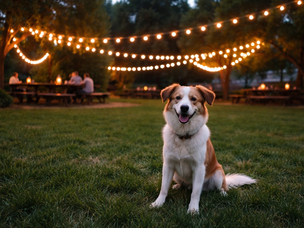Dog sitting on a beer-garden lawn under warm string lights at dusk.
