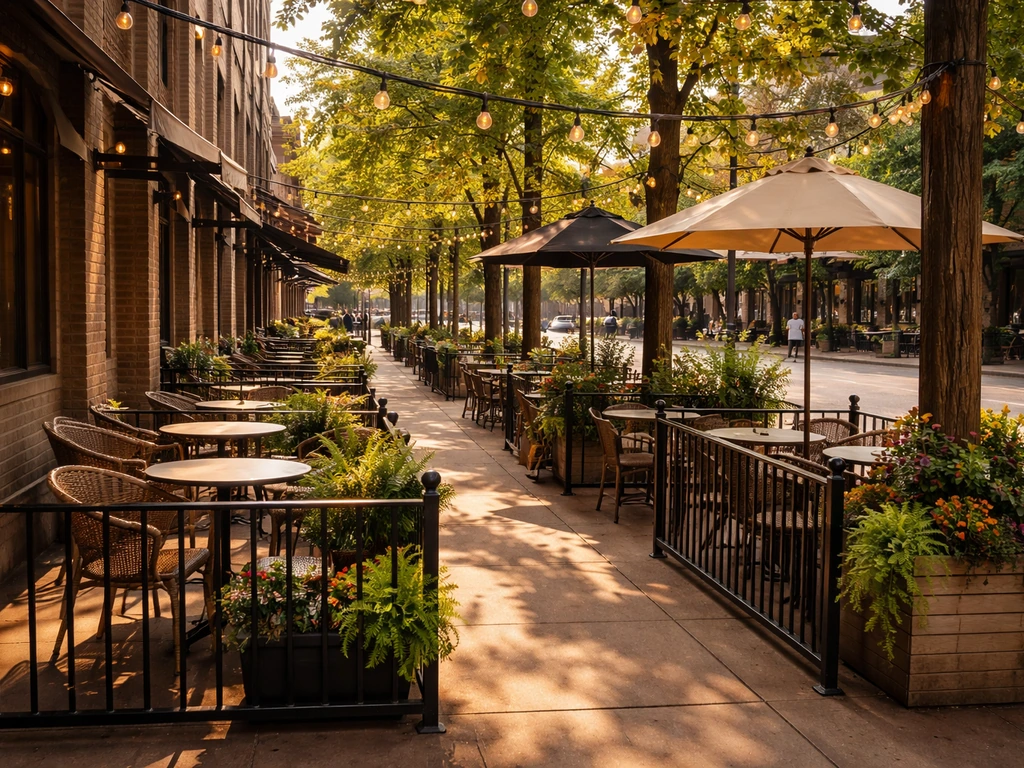 Street-level view of central Boulder with warm sunlight over restaurant patios near Pearl St and Walnut St.