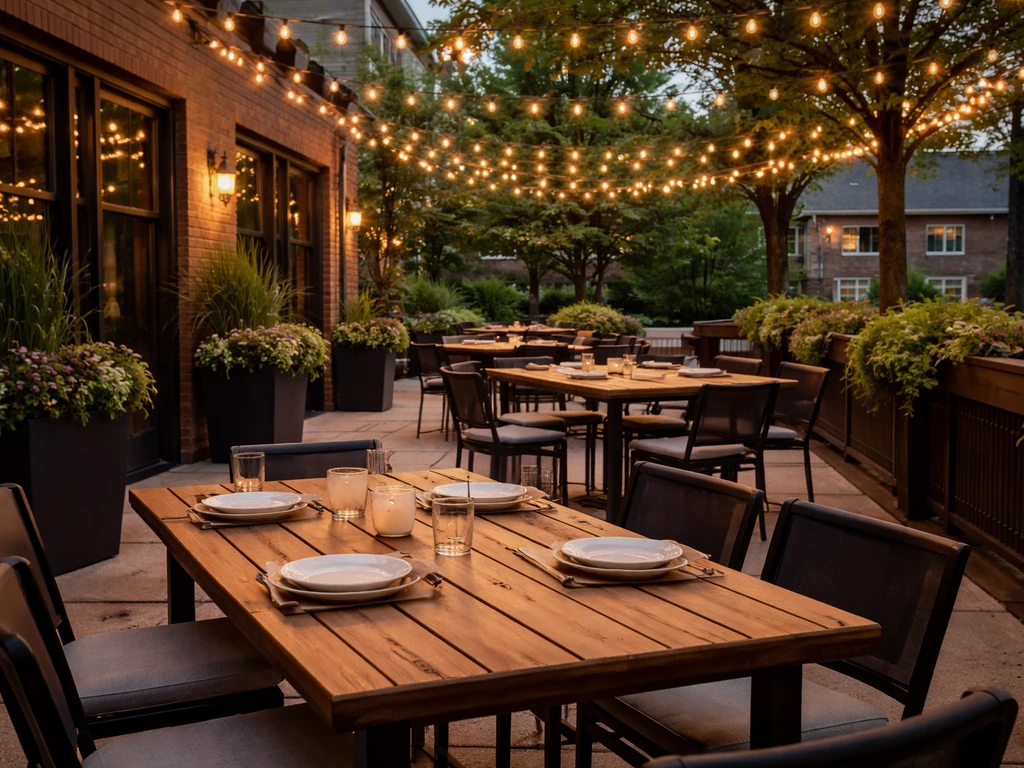 Warm evening patio dining in Dublin, Ohio with string lights, potted greenery, and set outdoor tables.