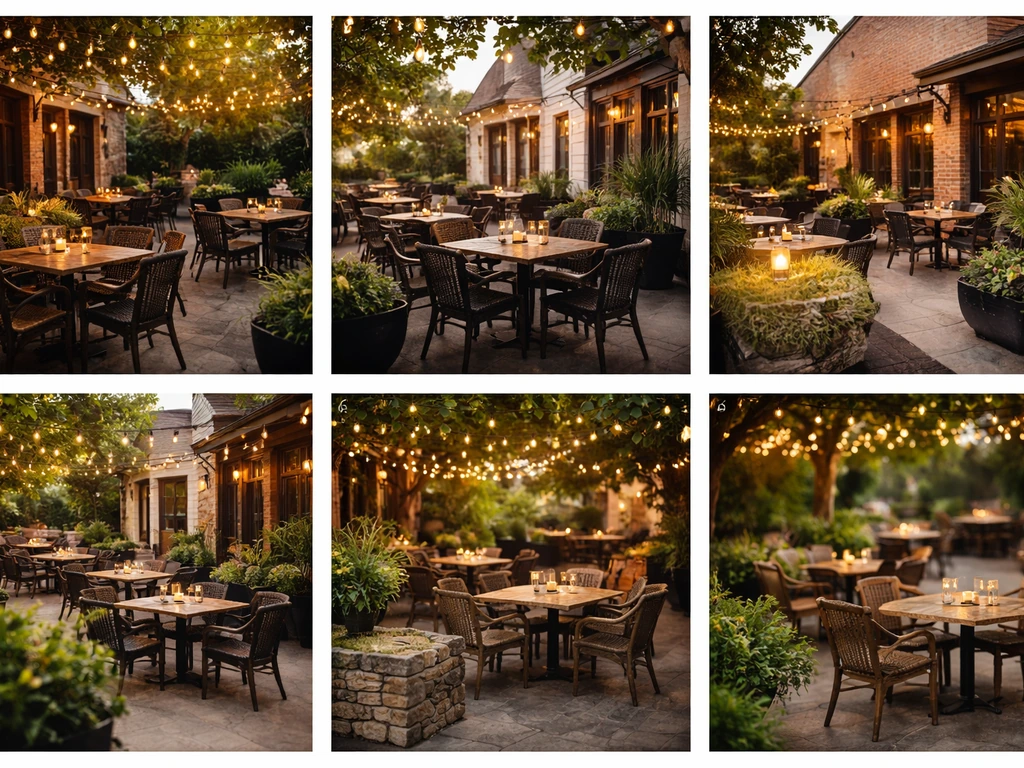 Six small photo frames of cozy restaurant patios in Dublin, Ohio, viewed at a glance.
