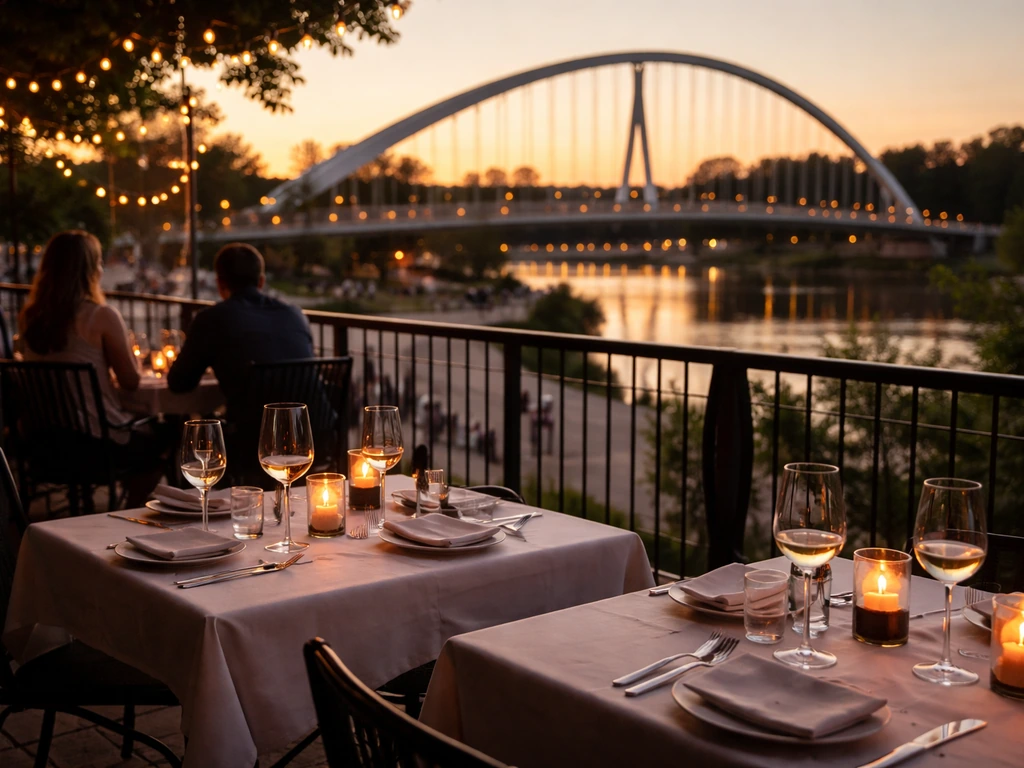 Date night patio at The Pearl at Bridge Park with warm sunset glow and view toward the Dublin Link Pedestrian Bridge.