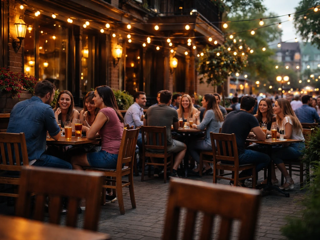 Warm evening view of an Irish pub patio with group seating and lively atmosphere
