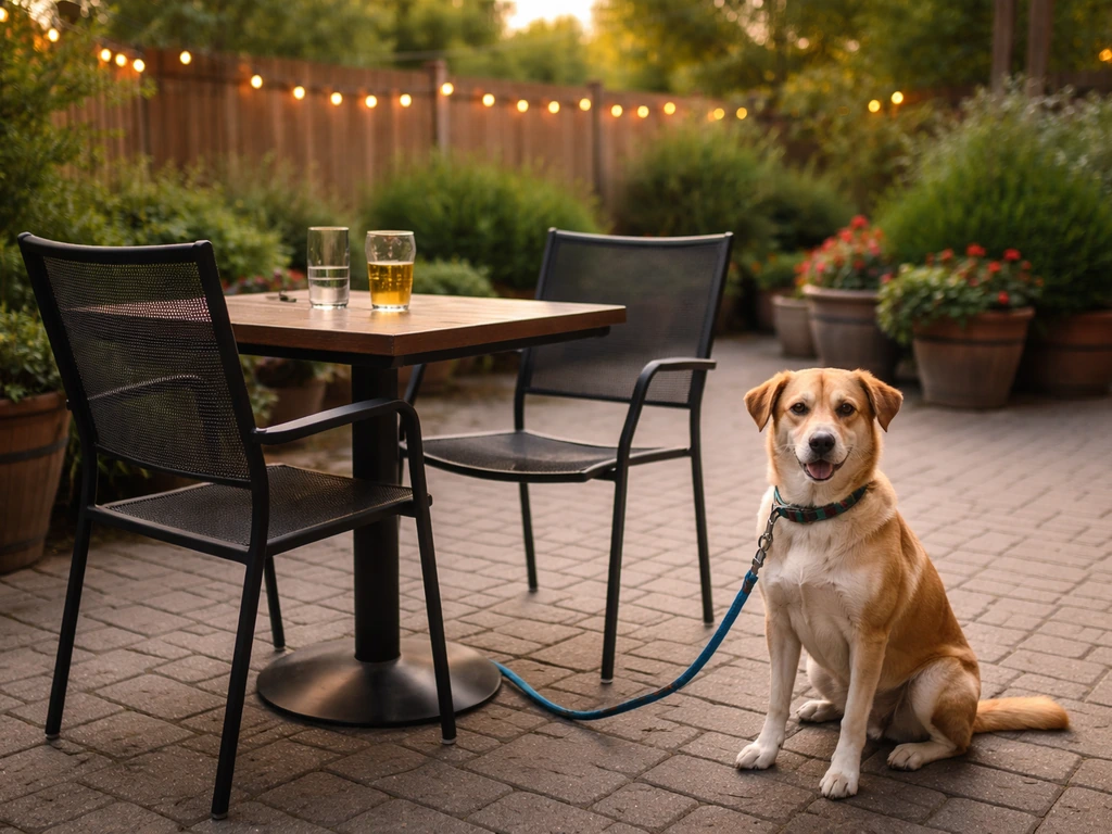 Relaxed leashed dog beside a patio dining table outside a brewery in Dublin, Ohio.