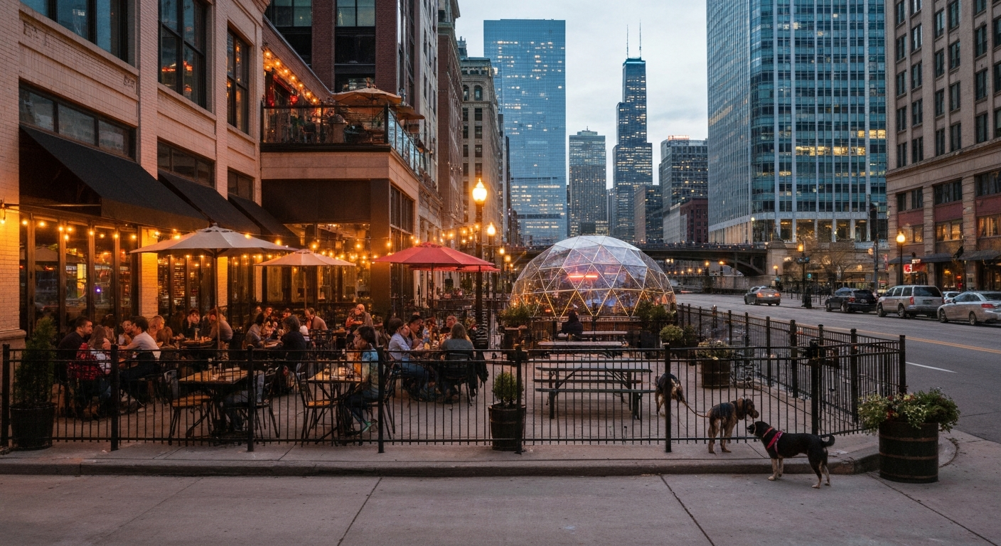 Dusk view of multiple lively Chicago patios with string lights, a rooftop terrace, and a heated dome along the riverwalk.