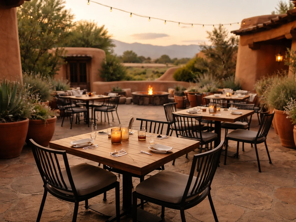 Warm Santa Fe outdoor patio with adobe-style walls and comfortable dining set under desert light