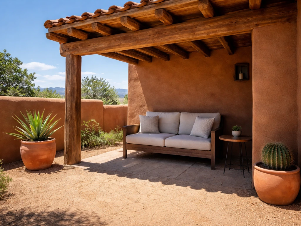 Minimal Santa Fe–style patio with pergola shade and comfortable outdoor seating in harsh desert sunlight.