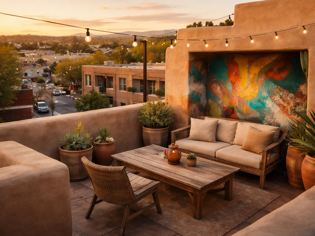 Rooftop patio with rustic chairs and colorful street-art alcove in a Santa Fe-style setting.