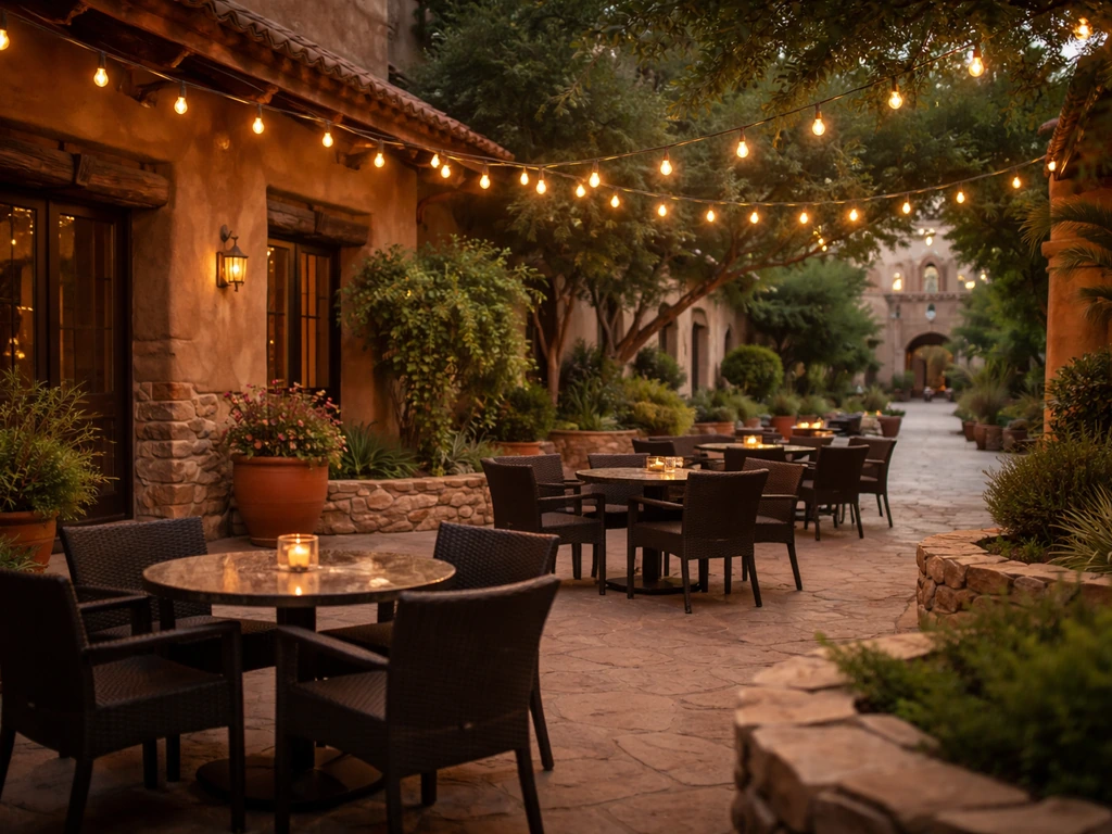 Warm outdoor patio at an upscale inn and spa with string lights and stone-and-terracotta seating.