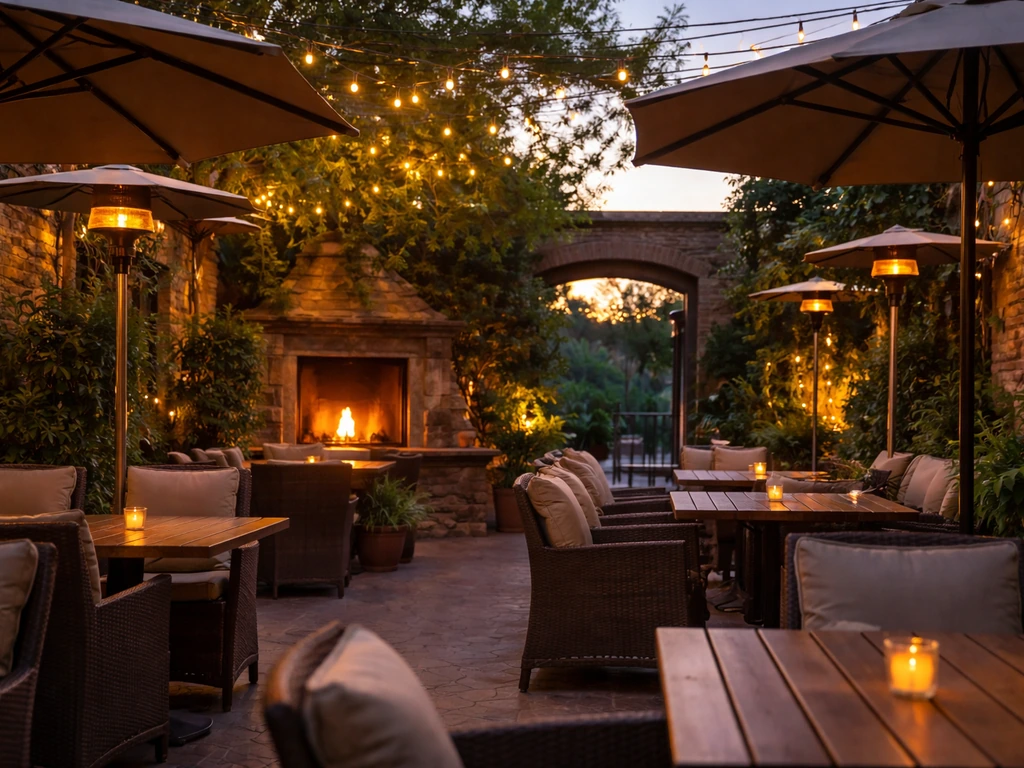 Cozy heated garden patio with warm fireplace glow, shaded seating, and potted plants at sunset.