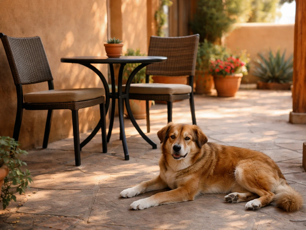 Calm dog lounging beside an outdoor dining table on a shaded Santa Fe patio.