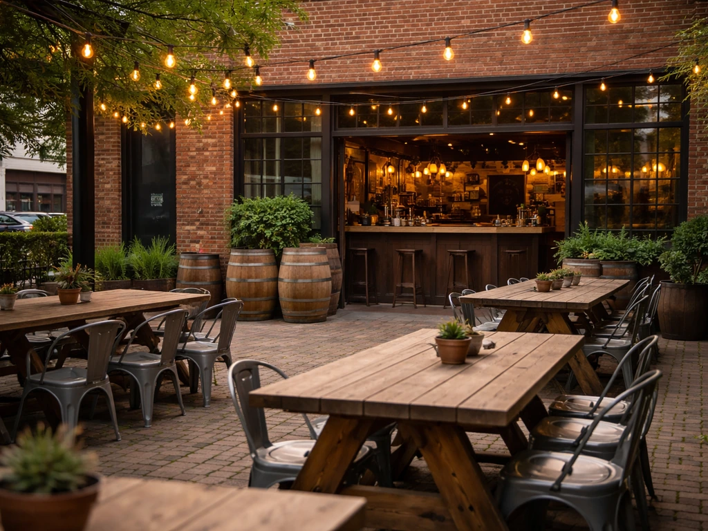 Lakeview brewery patio with tables, plants, and storefront entrance in natural daylight.