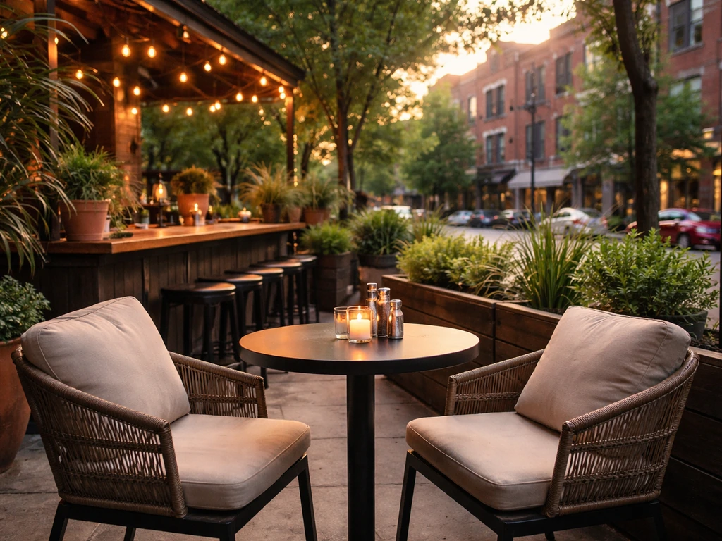 Cozy Wicker Park-style outdoor patio with warm lights, plants, and a small table inviting a casual vibe.