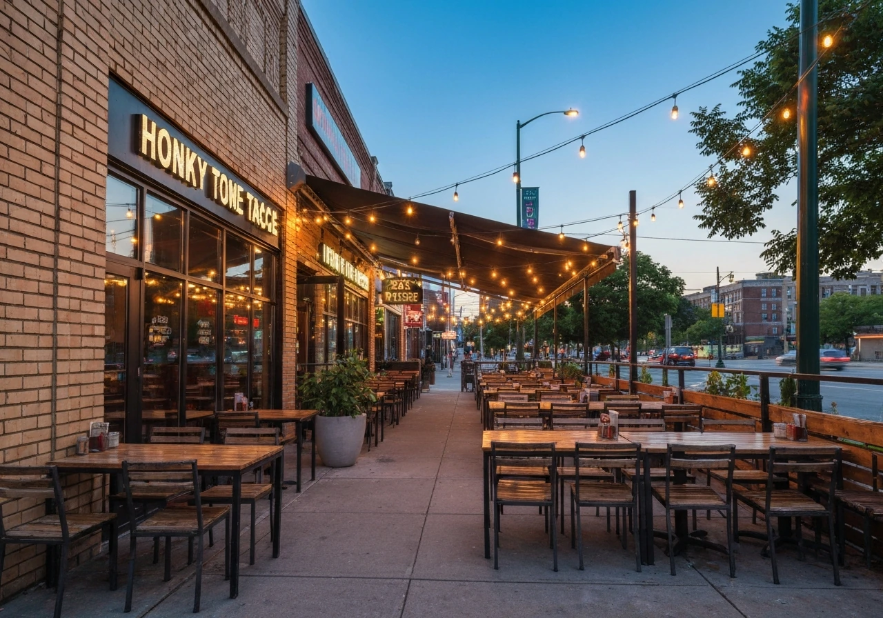 Expansive outdoor patio of a Wicker Park honky-tonk taco restaurant with string lights and empty tables.