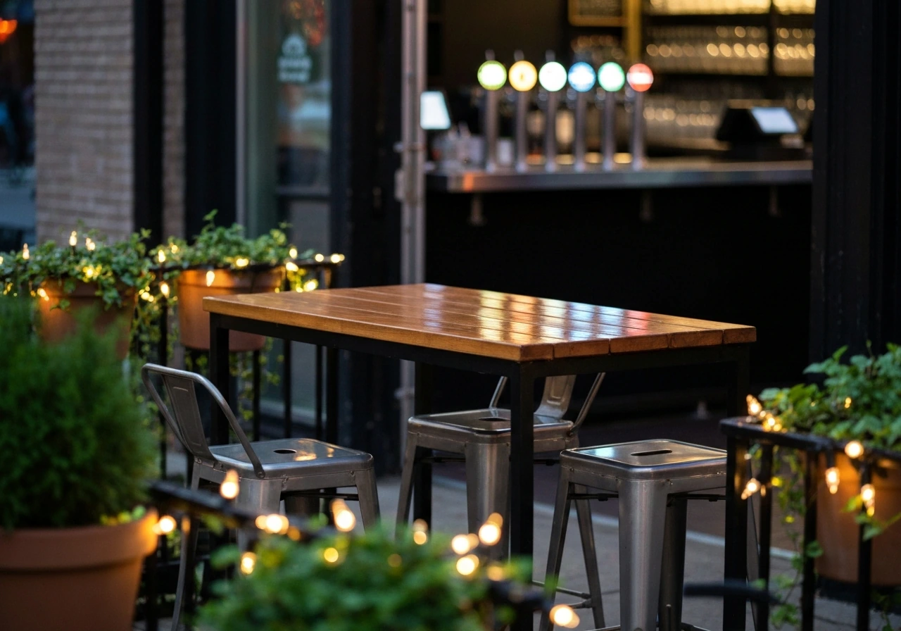 Empty beer-garden patio with string lights and potted plants outside a casual Chicago lounge bar.