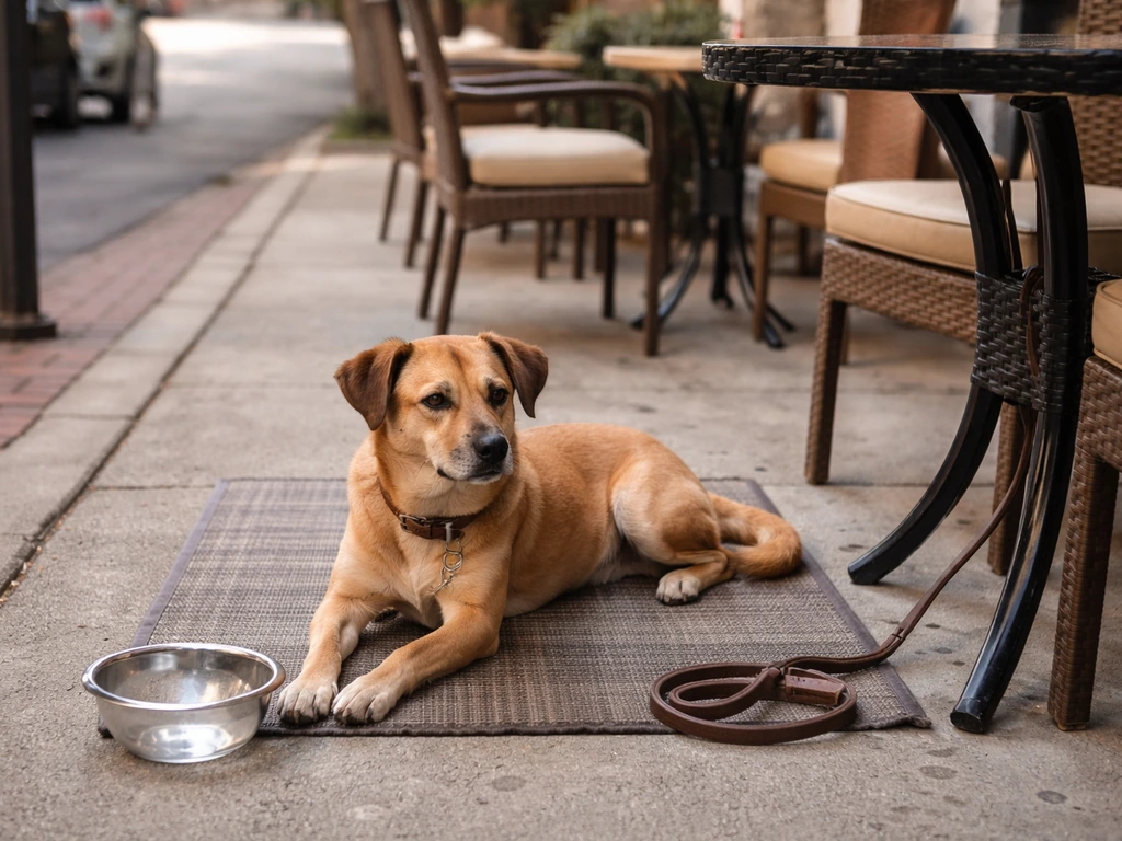 Tan dog calmly resting on a patio rug beside an outdoor dining table and a water bowl.