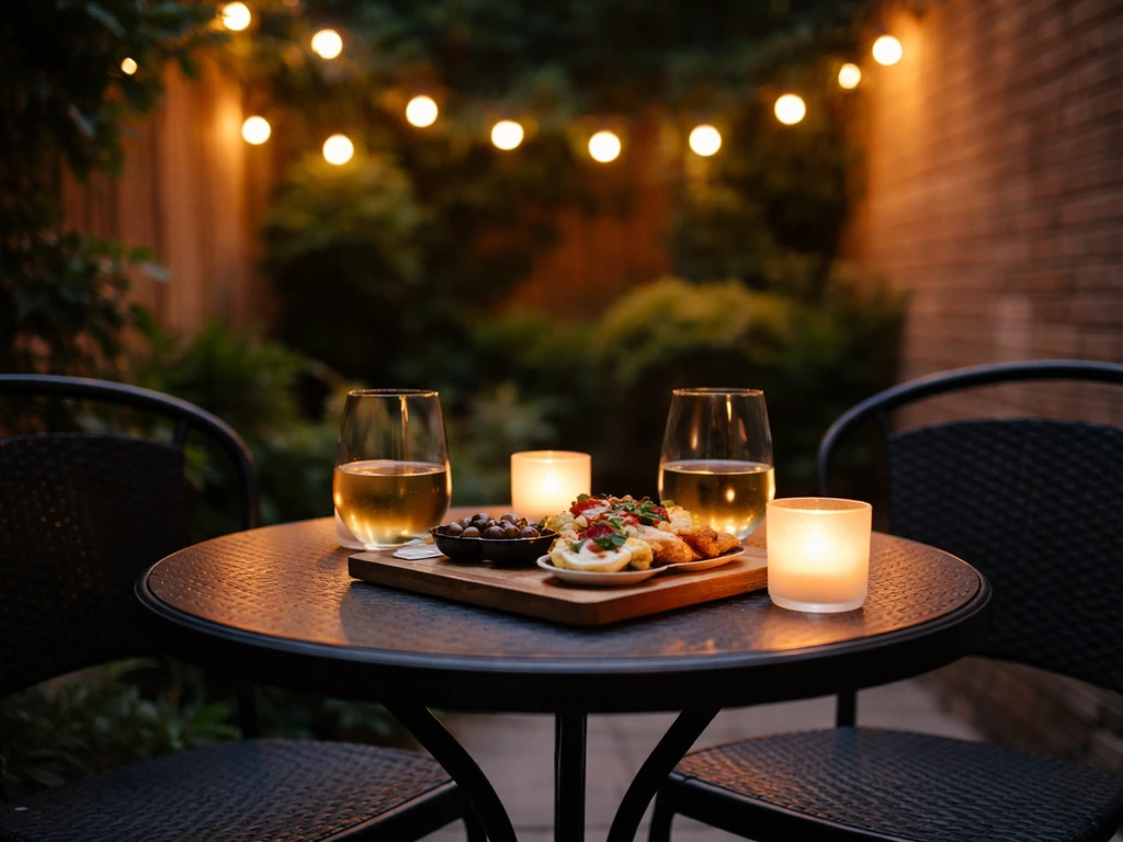 Cozy patio date setup for two with small tables, warm lights, and quiet neighborhood ambiance.
