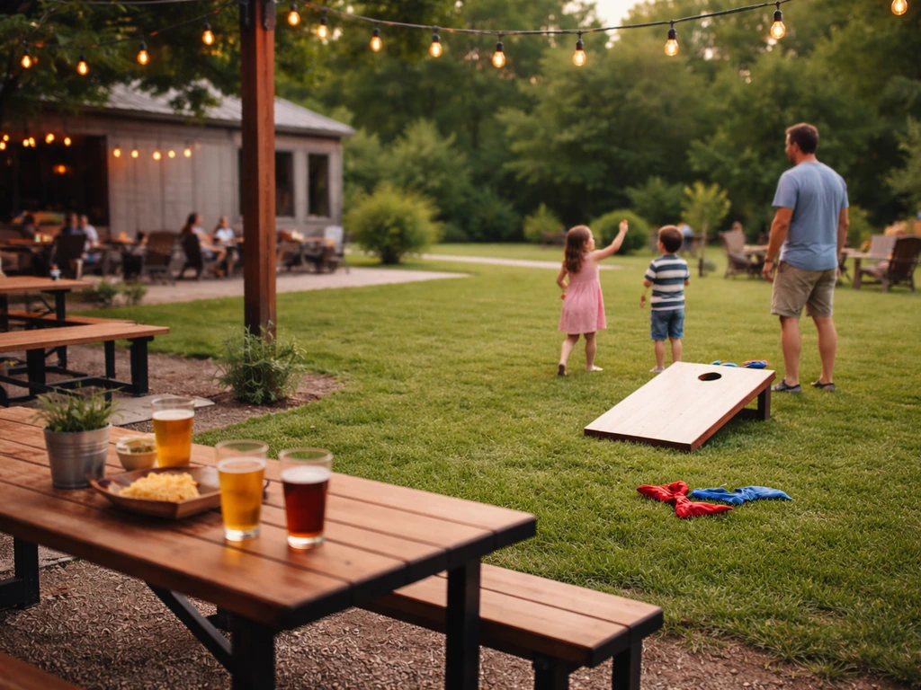 Family-friendly brewery patio with open lawn, grass games, and family seating for kids