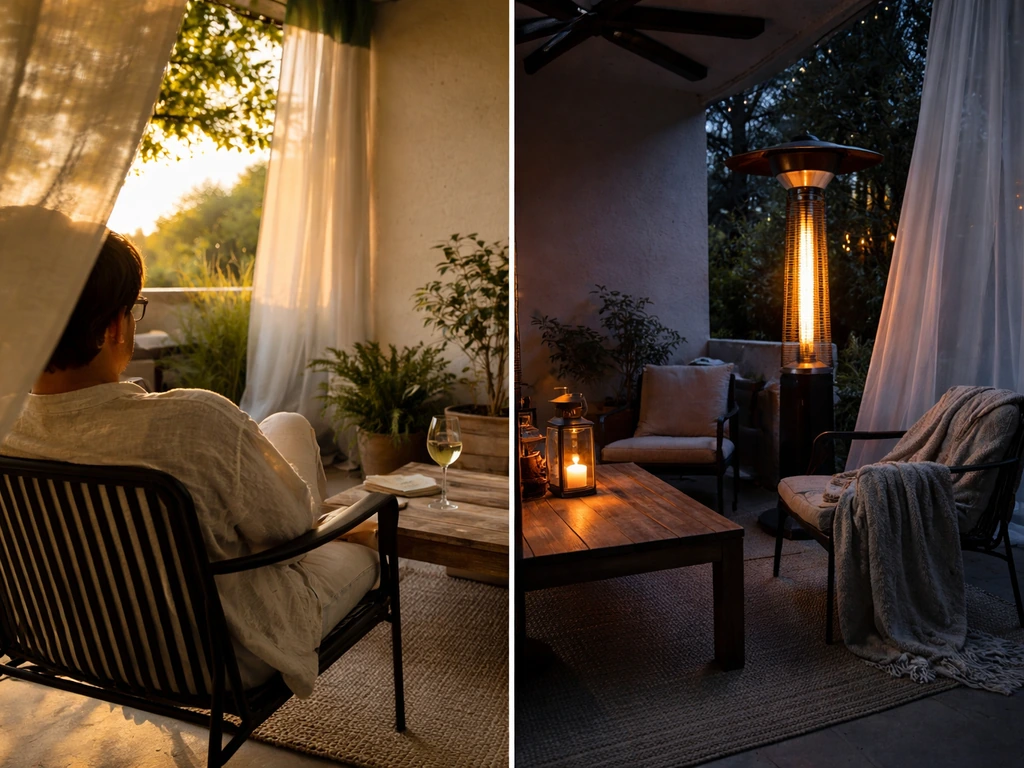 Warm shaded patio lounge vs cooler evening with a glowing heater and blankets nearby.