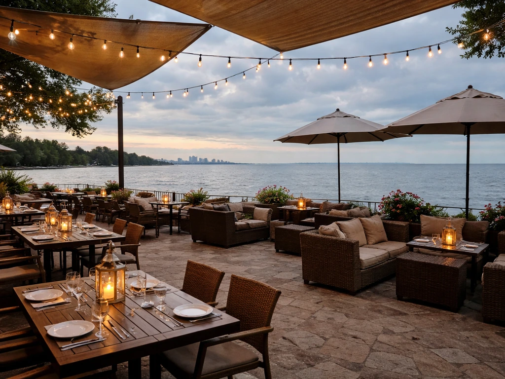 Wide waterfront patio dining tables with Lake Erie and distant skyline in the background.