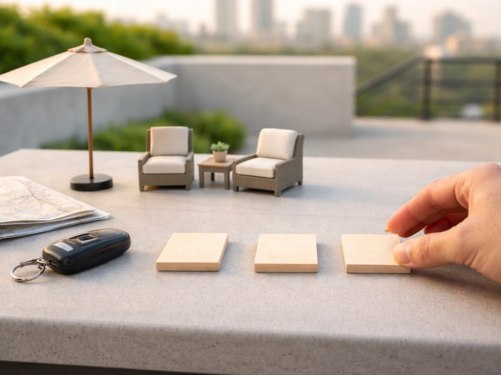 Minimal photo of a patio selection setup with shaded seating, cozy layout, and a quiet vs lively cue.