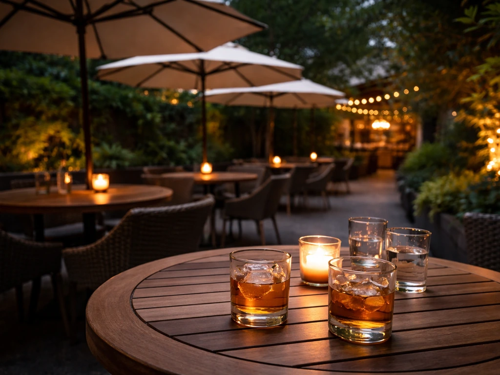Outdoor cocktail bar patio with umbrella-covered teak tables, candles, and glasses in a garden setting.
