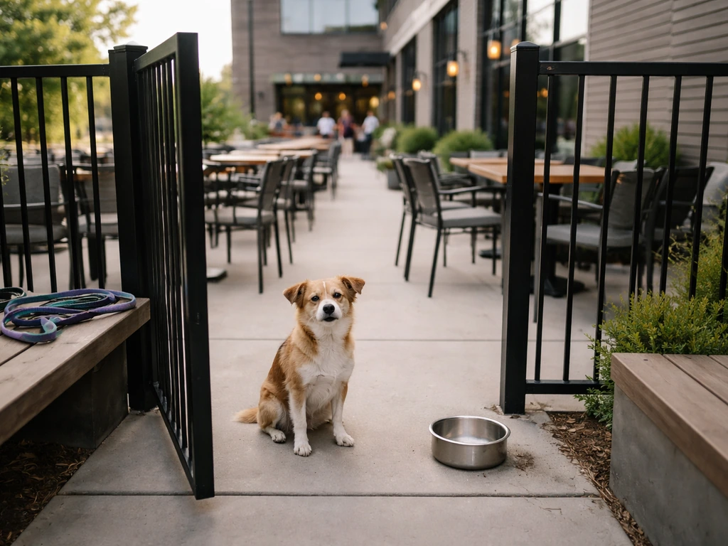 Gated brewery patio with a calm small dog and a water bowl, signaling a safe pet-friendly space.