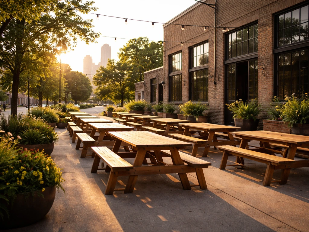 Sunlit brewery patio in Minneapolis/St. Paul with wooden tables, plants, and a rustic brick exterior.