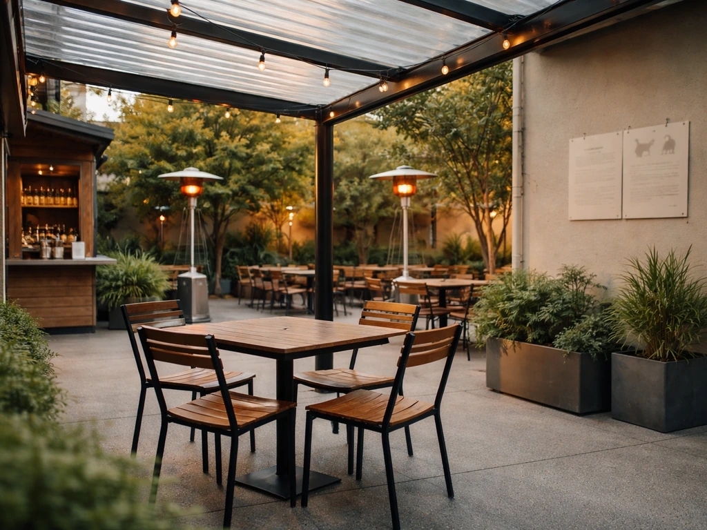 Minimal brewery patio scene with covered seating, heaters, and food service vibe, no visible text.