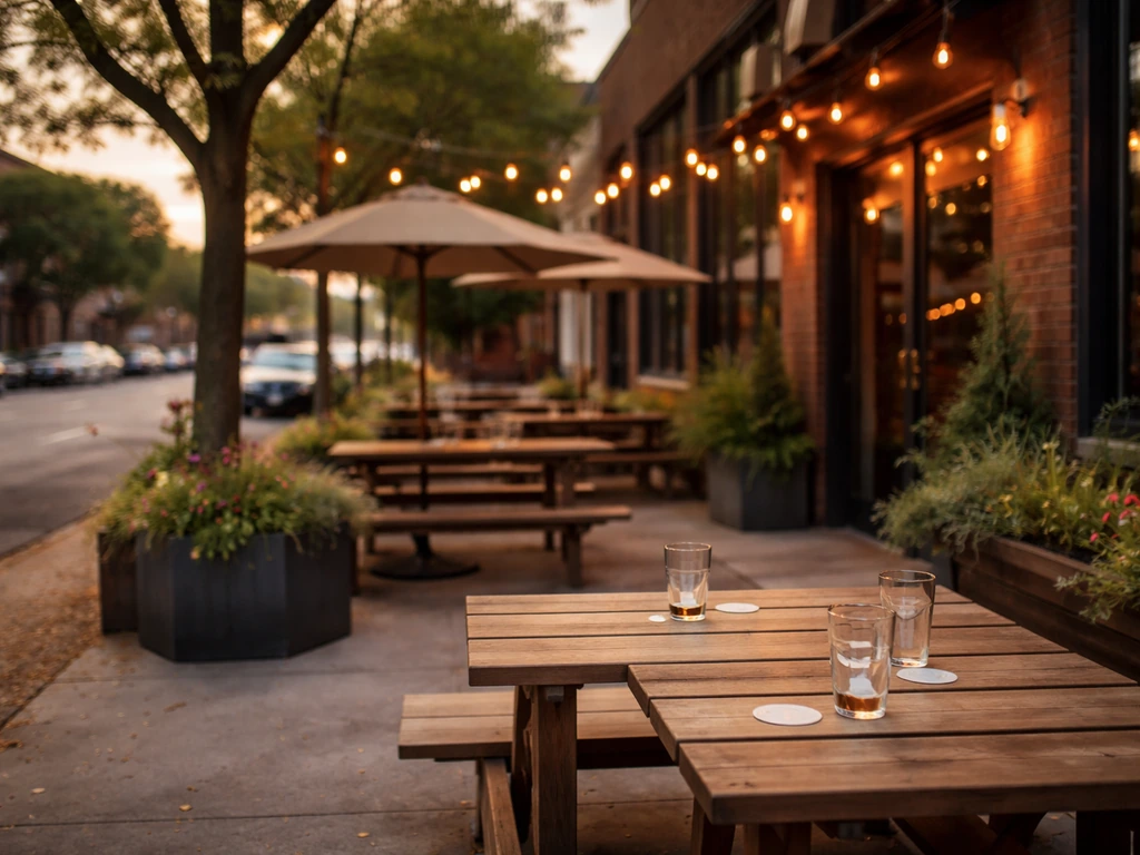 Inviting Northeast Minneapolis brewery patio with wooden tables, soft string lights, and a brick facade nearby.