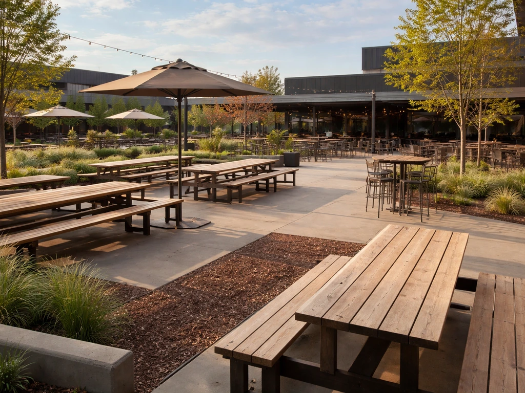 Wide view of Surly Brewing’s expansive outdoor patio with multiple seating zones and umbrellas.